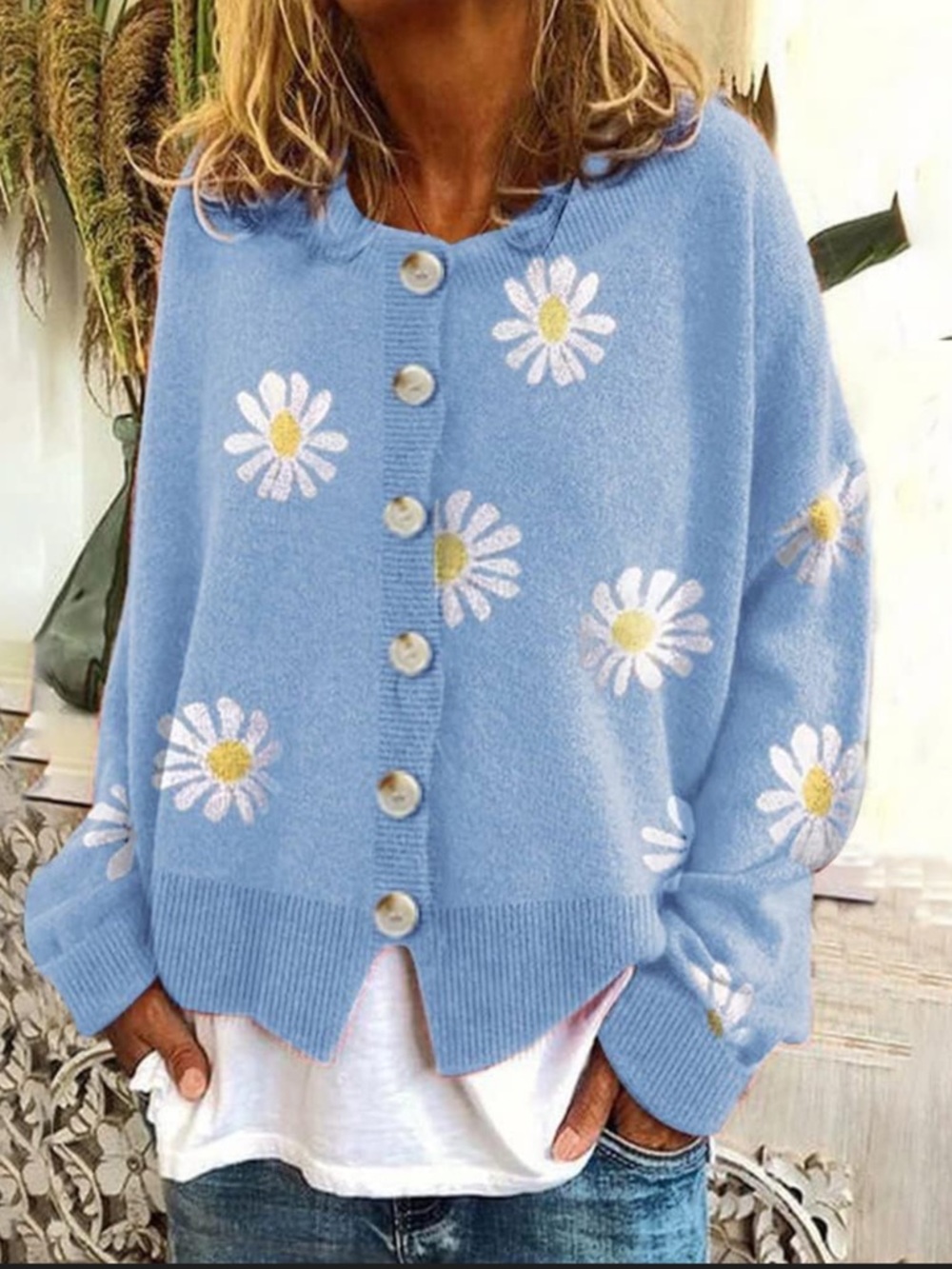 Flower Knit Button Cardigan Blue Yellow White 3XL